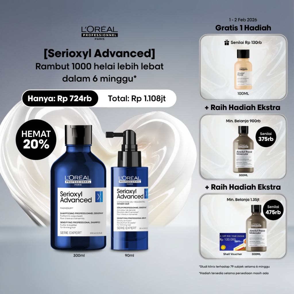 Serioxyl Hair Serum 90ml + Serioxyl Shampoo 300ml - Serum & Shampoo Penumbuh Rambut by L'Oreal Profe