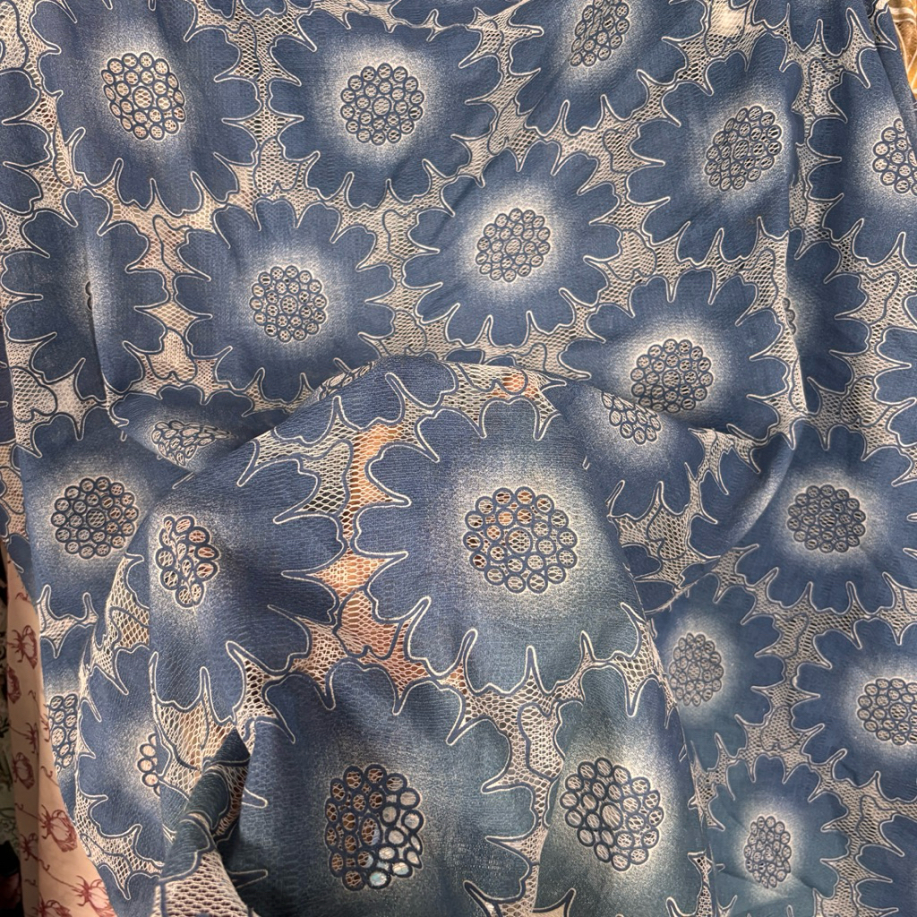 Kain Tile Brukat Motif Bunga Matahari Denim Blue - Bahan Tile Premium Lembut & Transparan - Meteran 