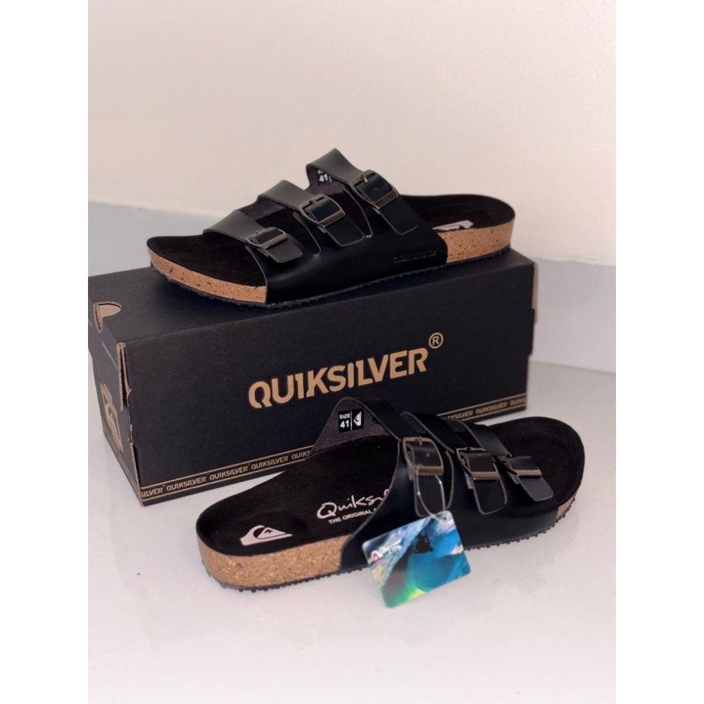 Sandal pria Tali Casual Sandal Strap Quiksilver Hitam Slop tali 3Harian Liburan Kulit Sintetis Anti 