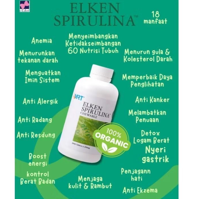 Elken spirulina 650 tablet / Antioksidan Alami / 100% bahan alami / protein tinggi