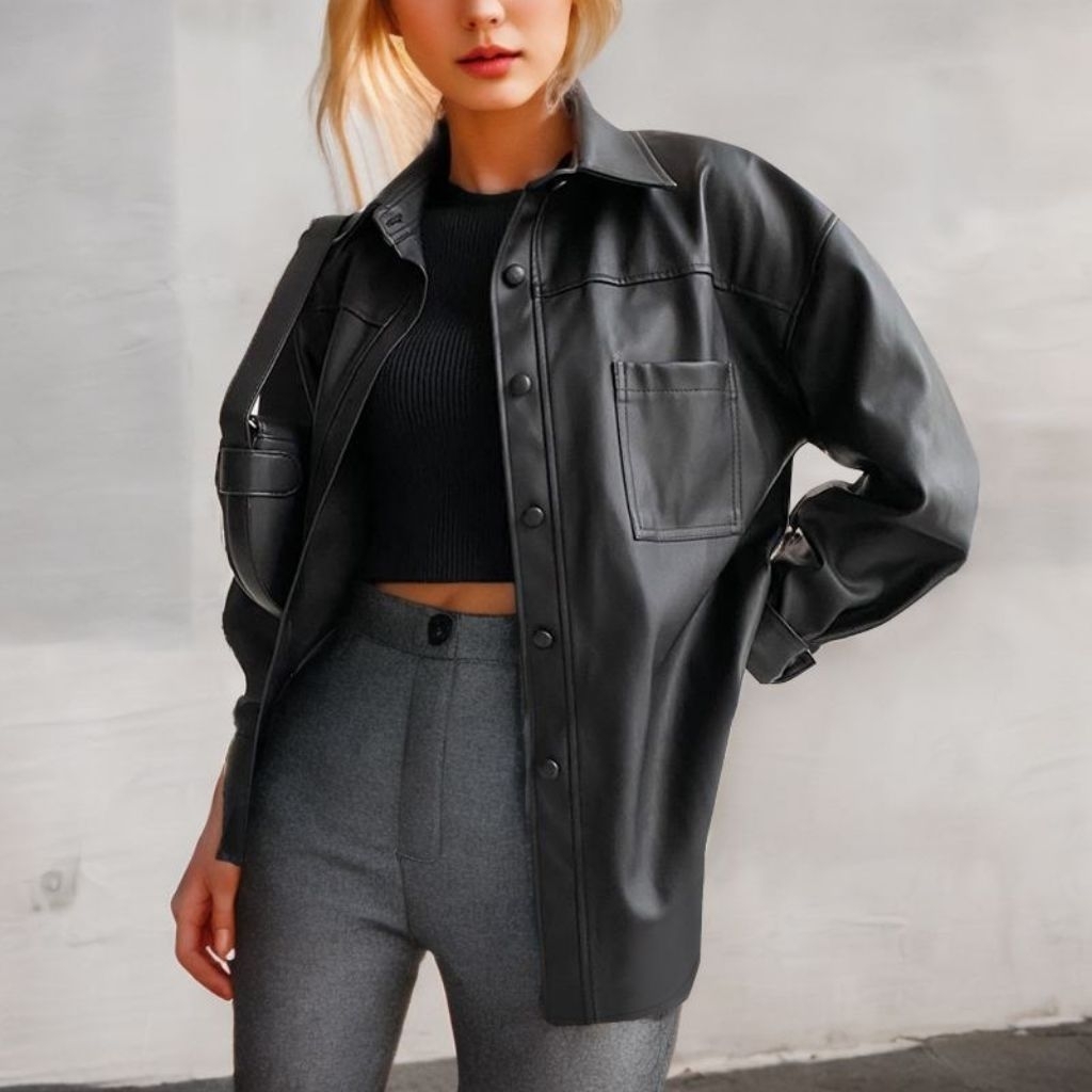 jaket kulit wanita big size/jaket semi kulit blazer oversize wanita/kemeja jas hitam,coklat