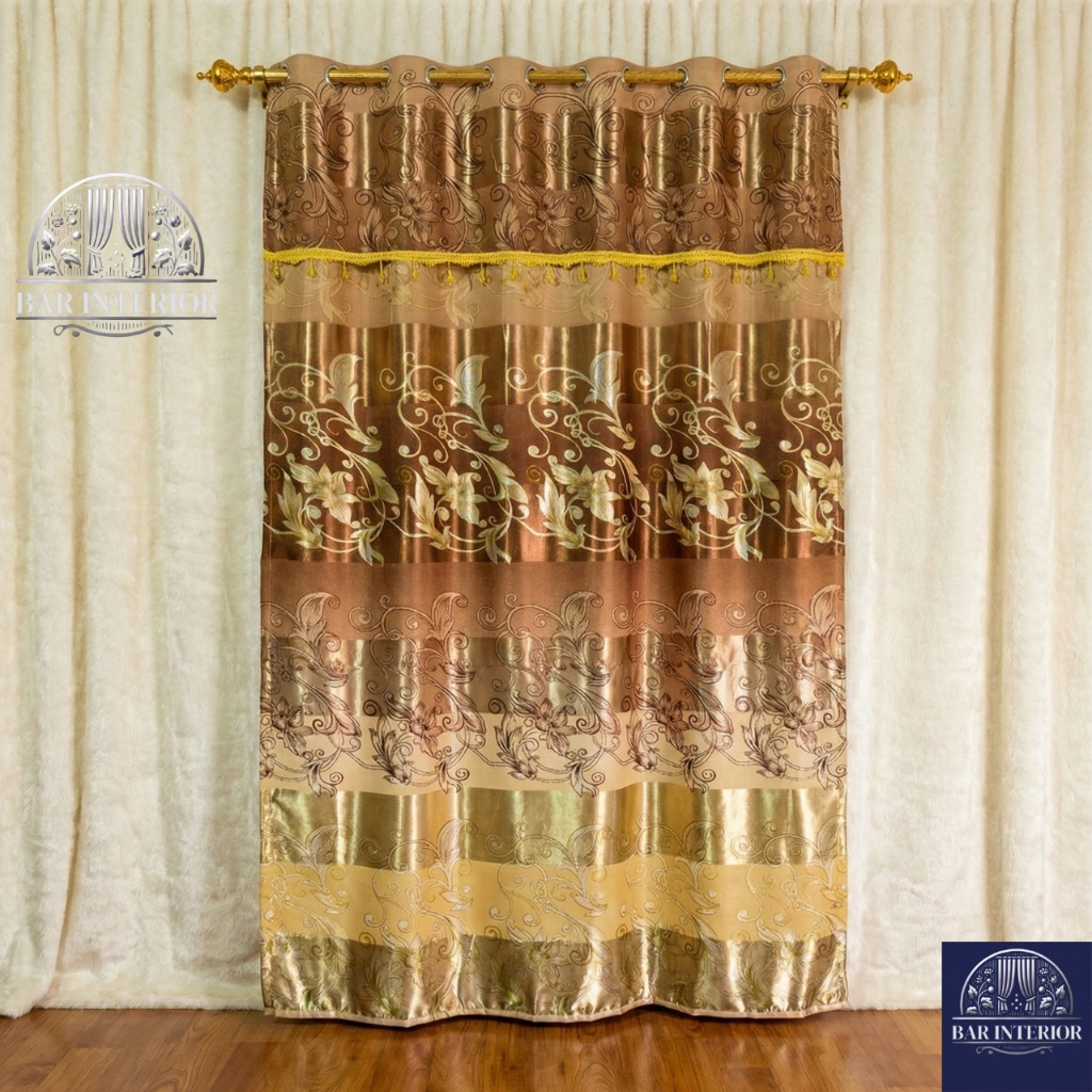 Gorden Pintu Tengah Ruang Tamu Mewah Elegan model poni tempel Batik Klasik Warna Emas / Korden Jende