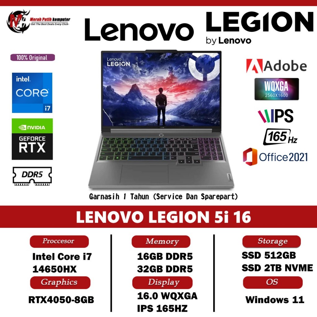 Laptop LENOVO LEGION 5i 16 INTEL I7 14650HX 32GB DDR5 1TB RTX4060 16 WQXGA IPS 165HZ RGB WINDOWS 11