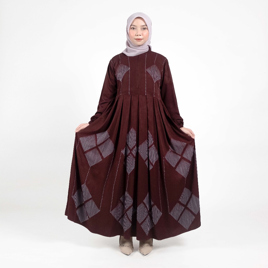 GAMIS BATIK PEKALONGAN MOTIF BROWN RUBY BAHAN RAYON TWILL ORI RITSLETING DEPAN MODEL FLOY / GAMIS RA