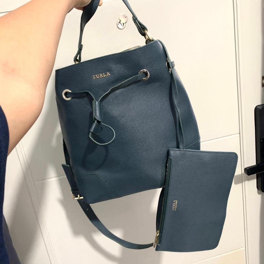 Preloved Tas Furla Stacy Bucket With Pouch Teal Authentic Original