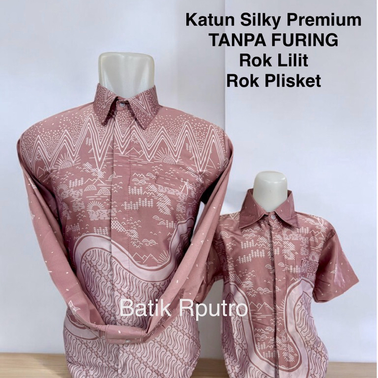 PINK ROSEGOLD SILKY TIDAK PAKAI FURING,BATIK couple ayah anak ,rok lilit,rok plisket warna rosegold
