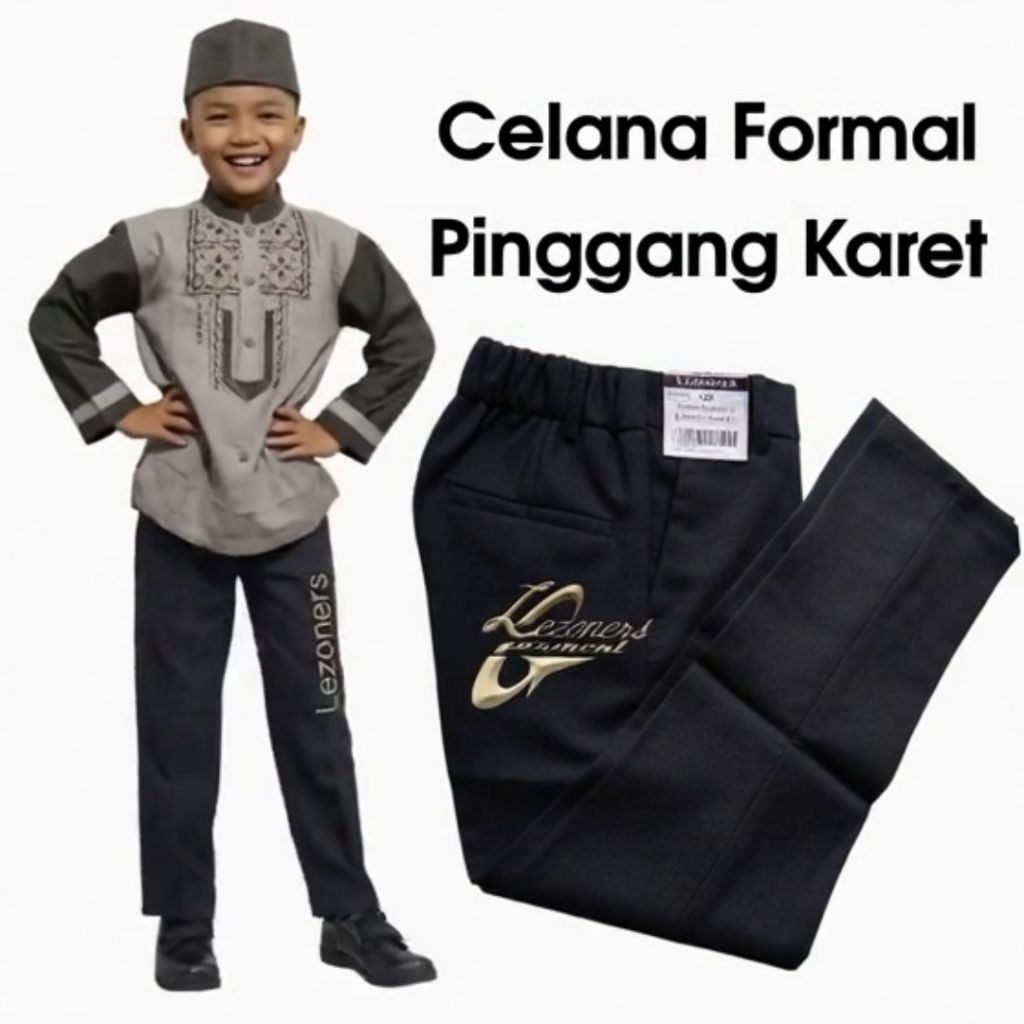 LEZONERS - Celana Panjang Pria Formal Anak Pinggang Karet Sekolah Pesantren TPQ Celana Bahan Hitam A