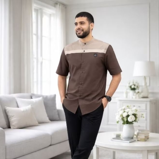 Baju koko Pria Lengan pendek warna mahogany
