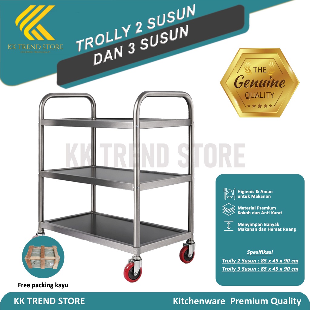 Troli Stainless Steel Serbaguna Troli Lipat & Rak Susun 2  dan 3 Tingkat Dapur Restoran Anti Karat I
