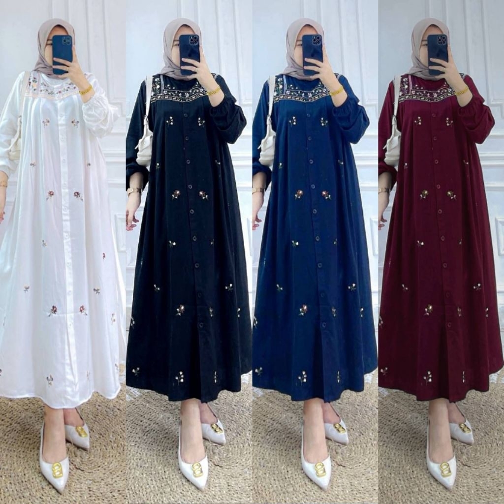 Midi Dres Rayon Bordir.Gamis Midi.Midi Rayon.Gamis Putih