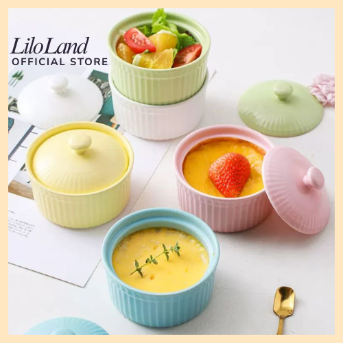 LILO_LAND - Mangkok Keramik Oven Telur Pudding dan Dessert / Mangkok Ramekin Keramik Plus Tutup / Ma