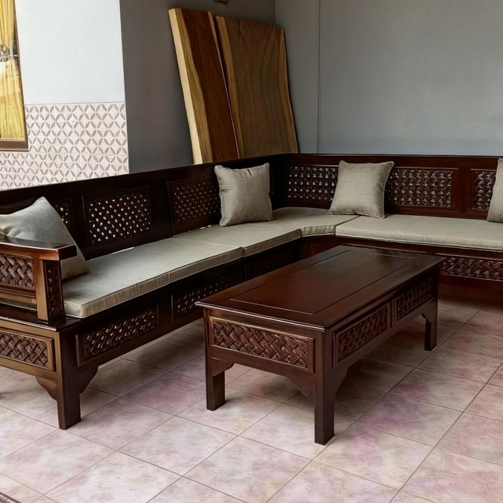Set Kursi Tamu Sudut Kayu Jati Solid Sofa Bentuk L Minimalis Modern