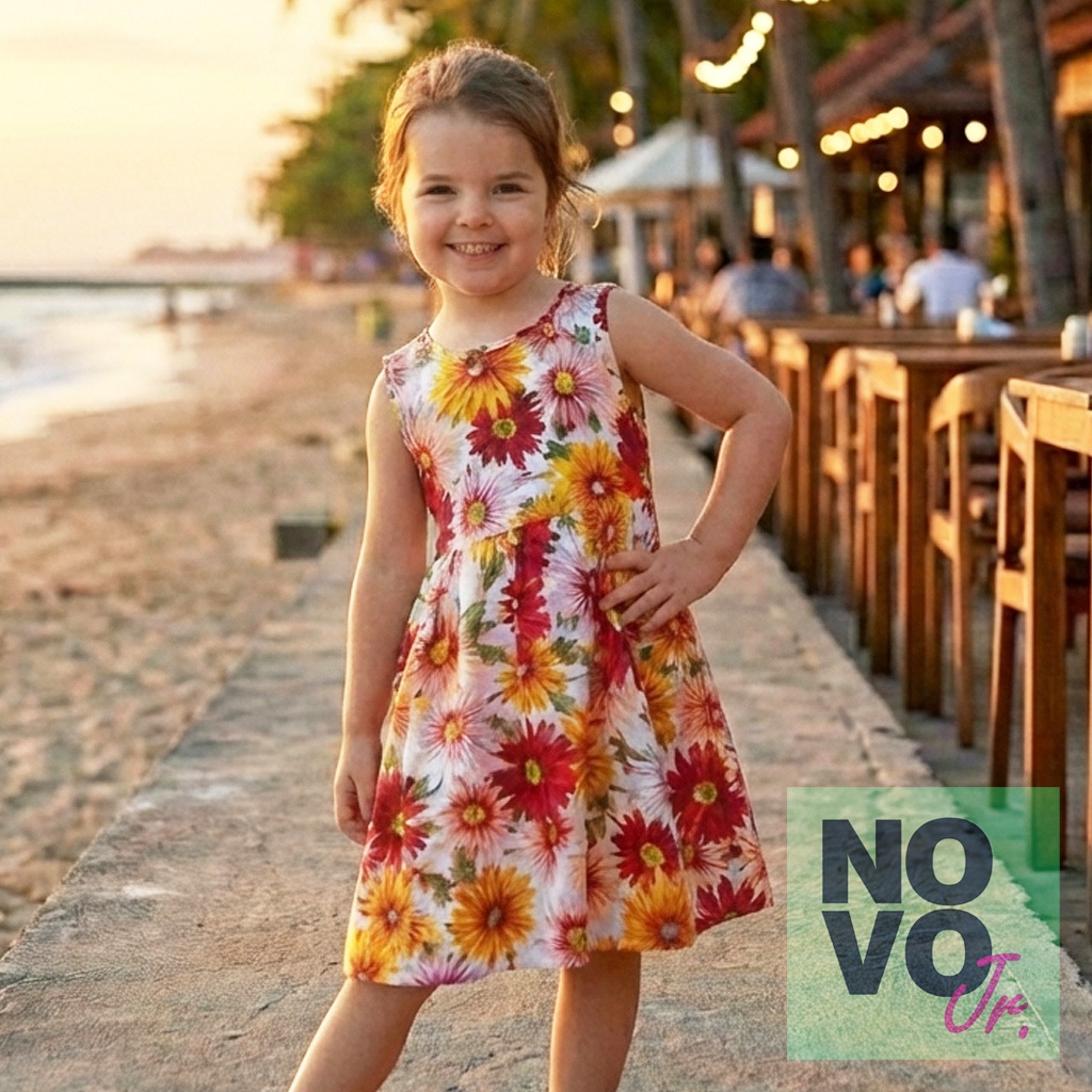 NOVO Jr. - Dress Santai Anak Perempuan Motif Bunga Matahari - Baju Adem Pantai Anak Perempuan