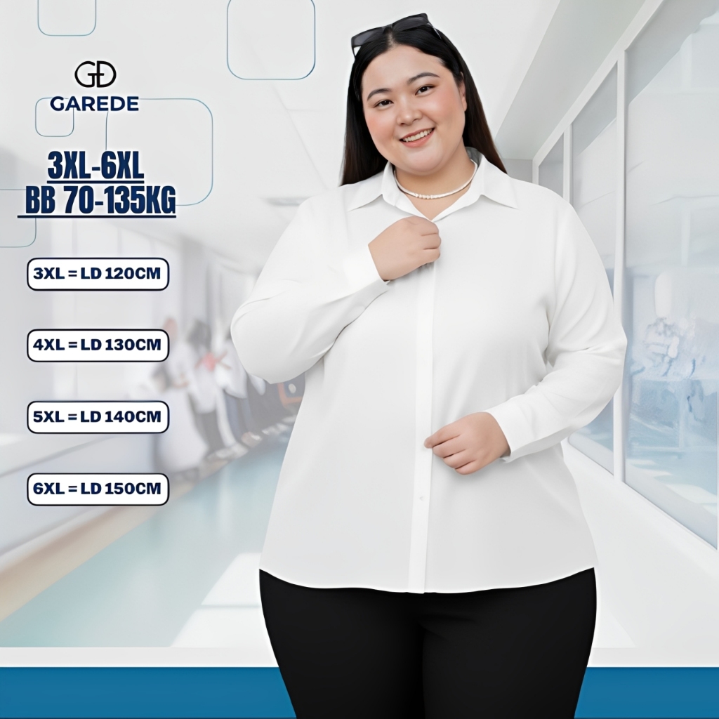 Garede - Kemeja Putih Wanita Lengan Panjang Jumbo LD 120 130 140 150 Baju Putih Kerja Wanita Kantor