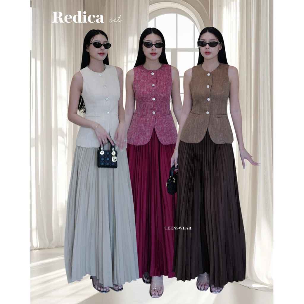Redica Set - Tweed Sleeveless Top Pleated Skirt Set Import Bangkok