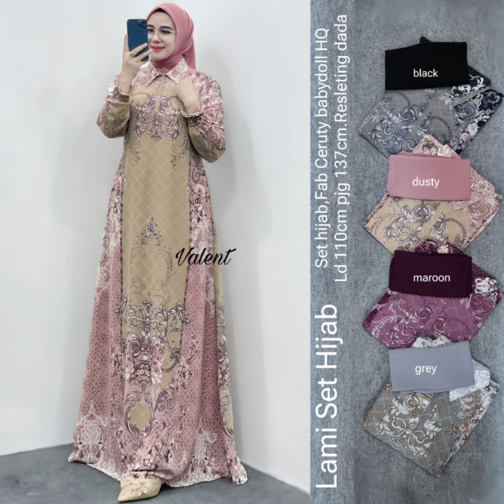 Dress Gamis Wanita Ainaya Set Hijab Digital Print Motif Swarovski Premium Mewah Pesta Kondangan New 