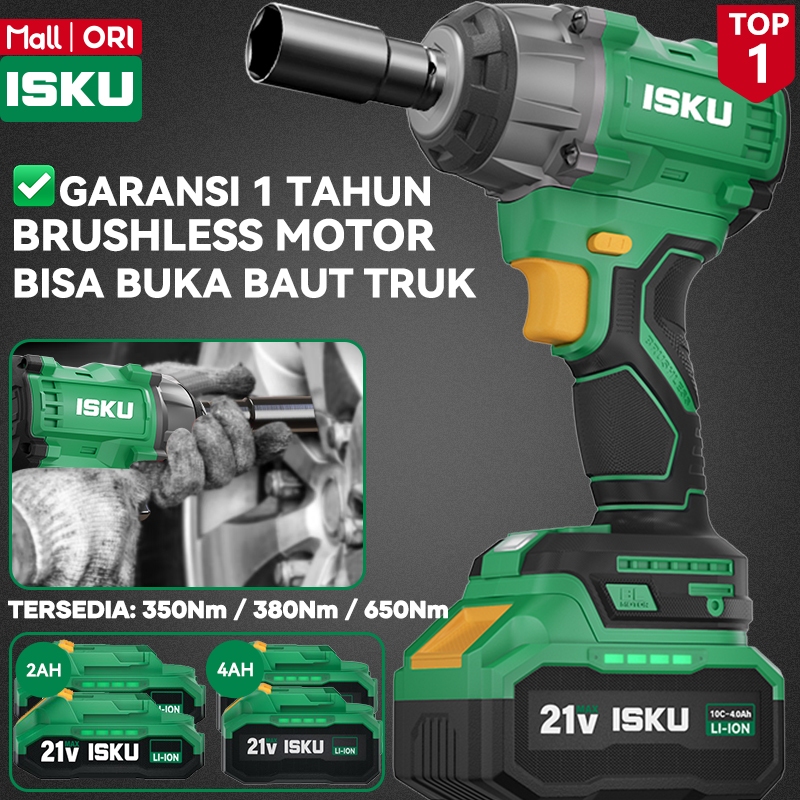 ISKU Cordless Impact Wrench Brushless Baterai 21V 350Nm 380Nm 650Nm Mesin Buka Baut Roda Mobil Truk 