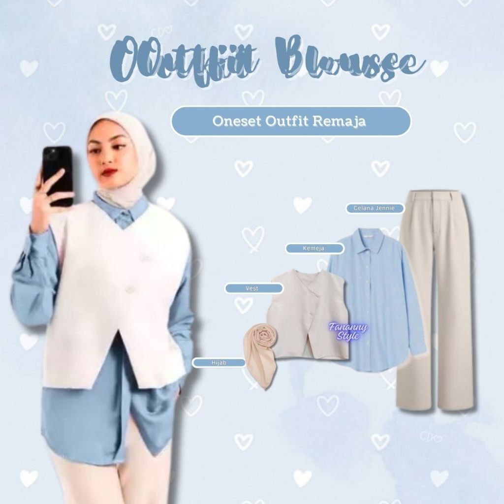 Outfit Hangout Outfit Wanita Remaja (Hijab+Vest+Kemeja+Celana)