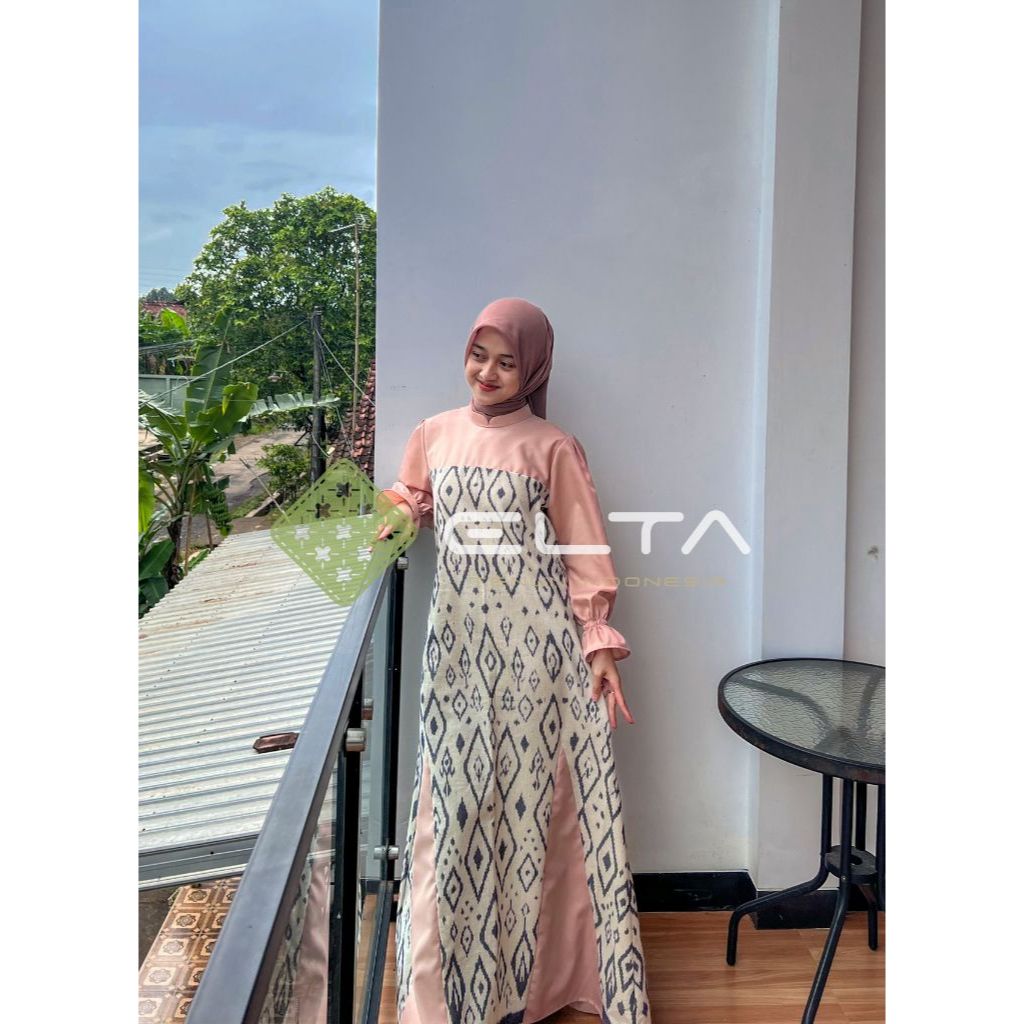 elta collection Gamis Tenun Wanita Modern Motif Etnik – Dress Muslimah Elegan Kombinasi Polos Premiu