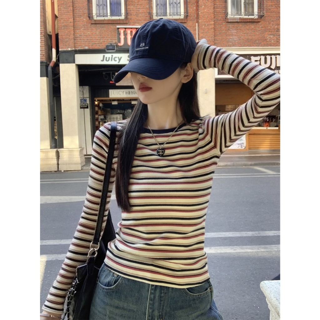 Auvra Merah pendek bergaris T-shirt wanita Korea T-Shirt Casual Slim Fit Crop Top Lengan Pendek baju