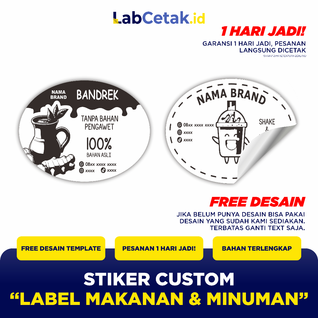 Stiker Label Custom Minuman Kemasan Free Design Oval Vynill Transparan Produk Minuman Snack