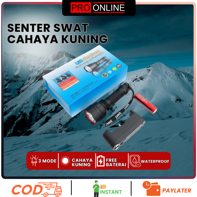 Senter Compact LED police Q5 swat sinar kuning batrai 18650