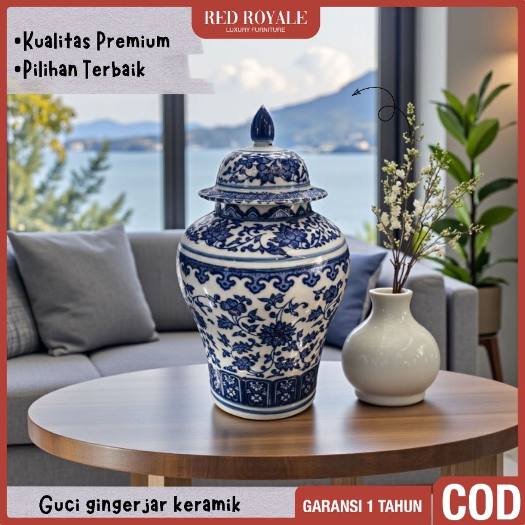 guci gingerjar keramik biru putih dekorasi hiasan ruang tamu