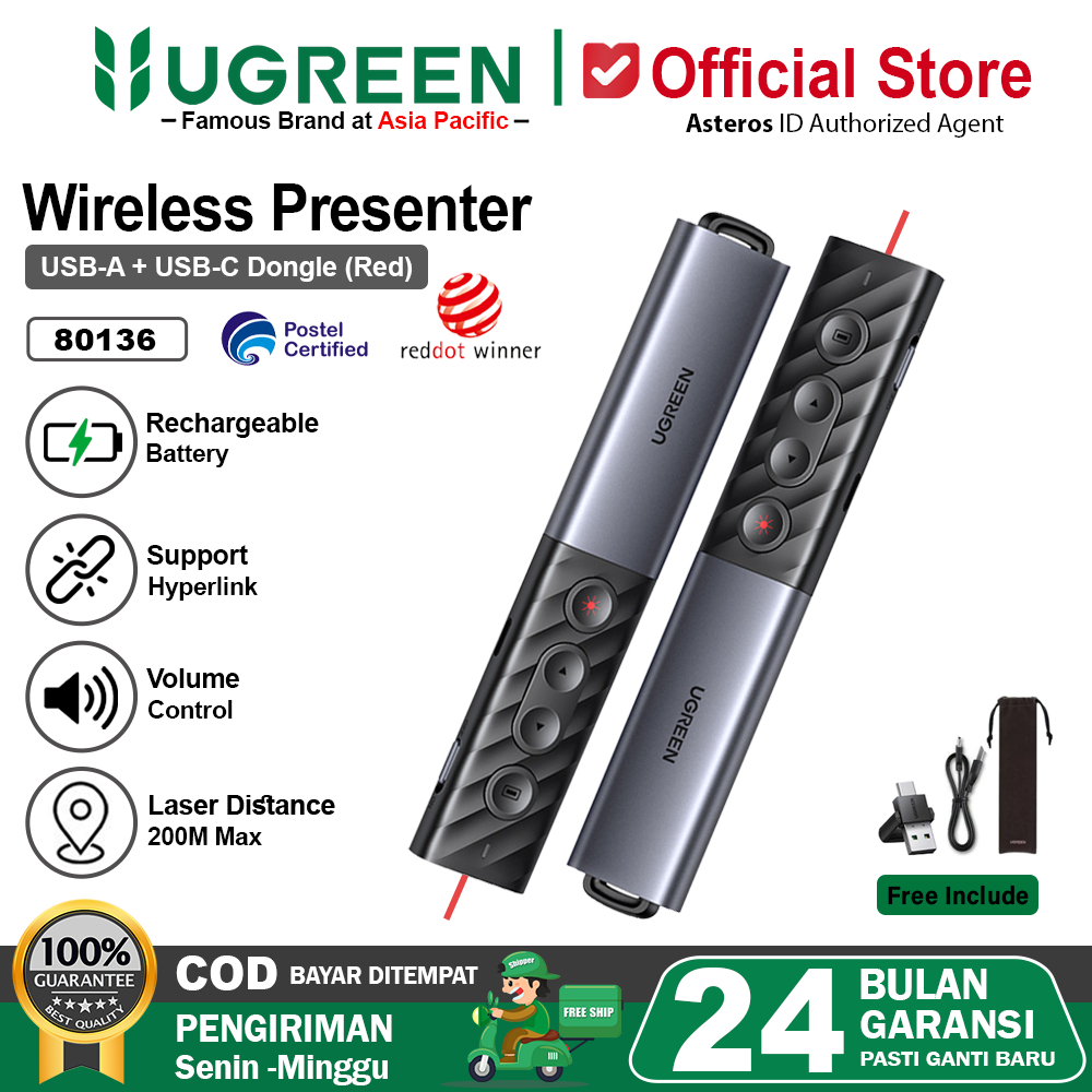 UGREEN Laser Pointer Wireless Presenter Dual Conection USB A + USB-C 80136
