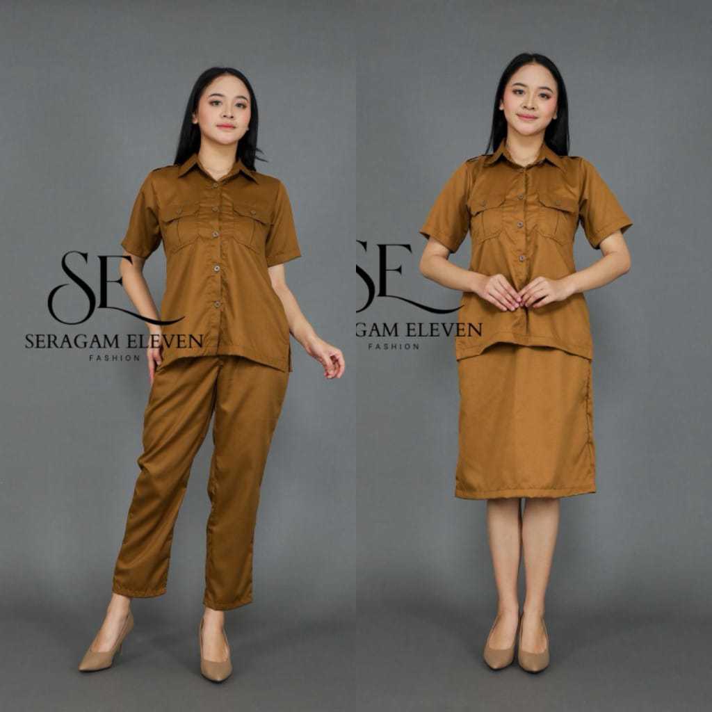 Seragam Khaki PNS Wanita Baju Dinas Pemda Kemeja Saku Dada Lengan Pendek
