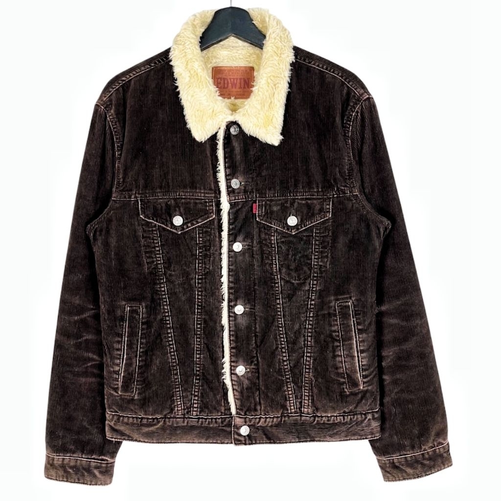 Jaket Trucker Edwin Company Limited - Corduroy Sherpa Wrange Warna Cokelat Tua Ukuran L