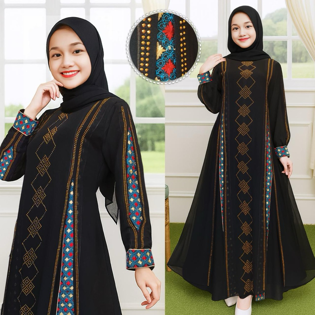 Eleina Abaya Gamis Abaya Qolbina #ANAK# Bahan Jersey mix Bordir Biru dan Payet