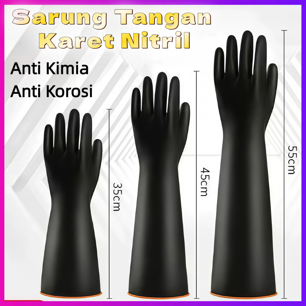 Sarung Tangan Karet Industri 55cm Hitam XXL Anti Kimia Anti Korosi Nitril Latex untuk Sandblasting V
