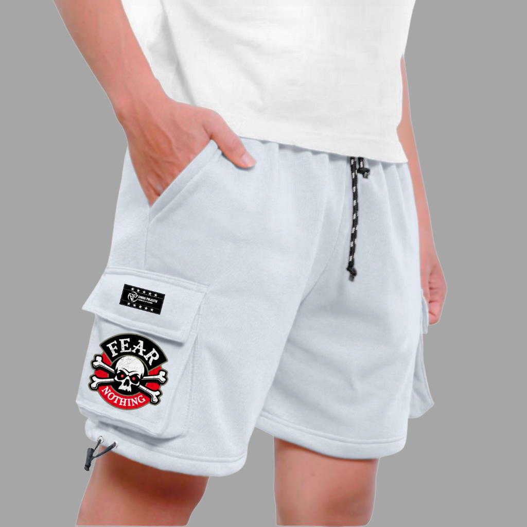 Celana Pendek Pria Warna Putih Sablon Fear Nothing Cargo Pendek - Nyaman, Tahan Lama, Desain Keren