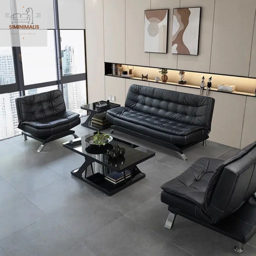 Sofa Bed Biru Leather Premium / Kasur Lipat Minimalis Modern / Sofabed Multifungsi Anti Air