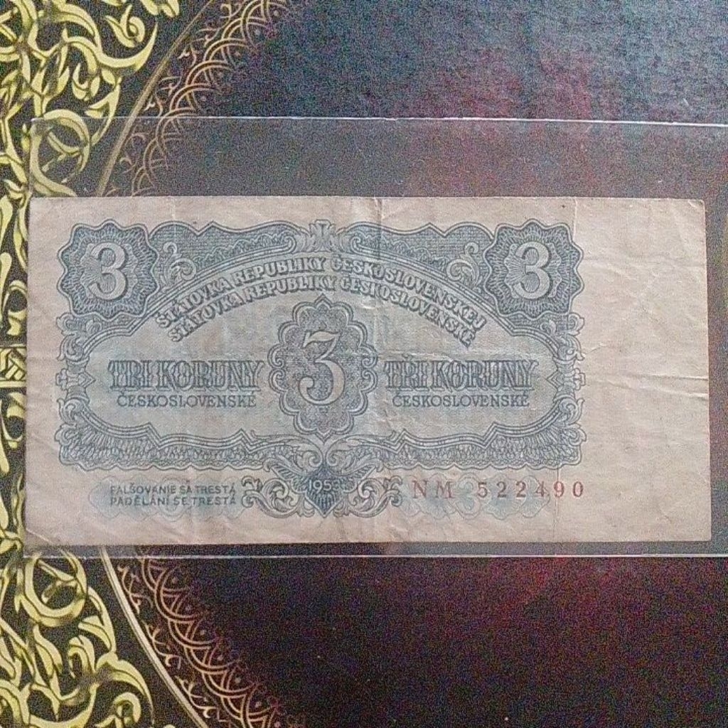Uang Cekoslovakia 3 korun 1953 vf