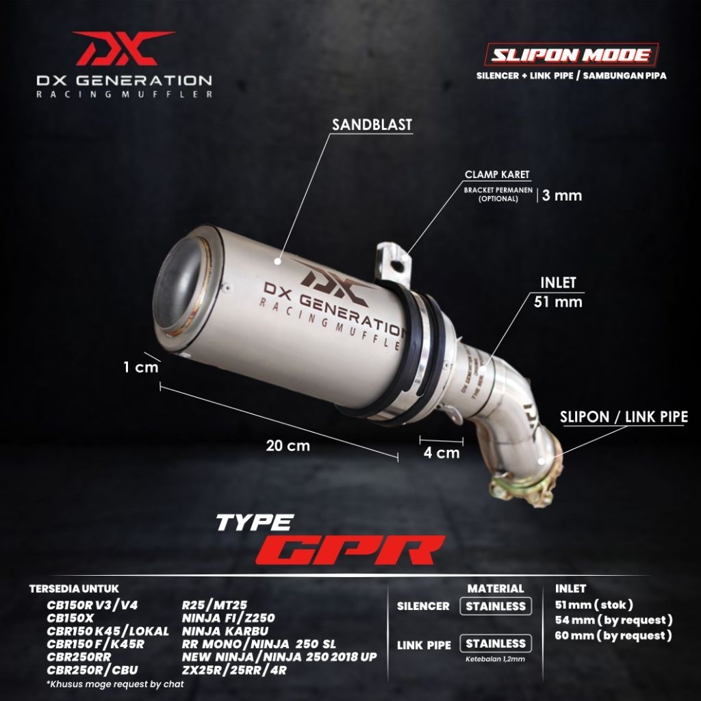 Knalpot Racing DX Generation tipe GPR Fullsistem CBR150 GSX R15 Satria Vixion CBR250 R25 MT25 Ninja