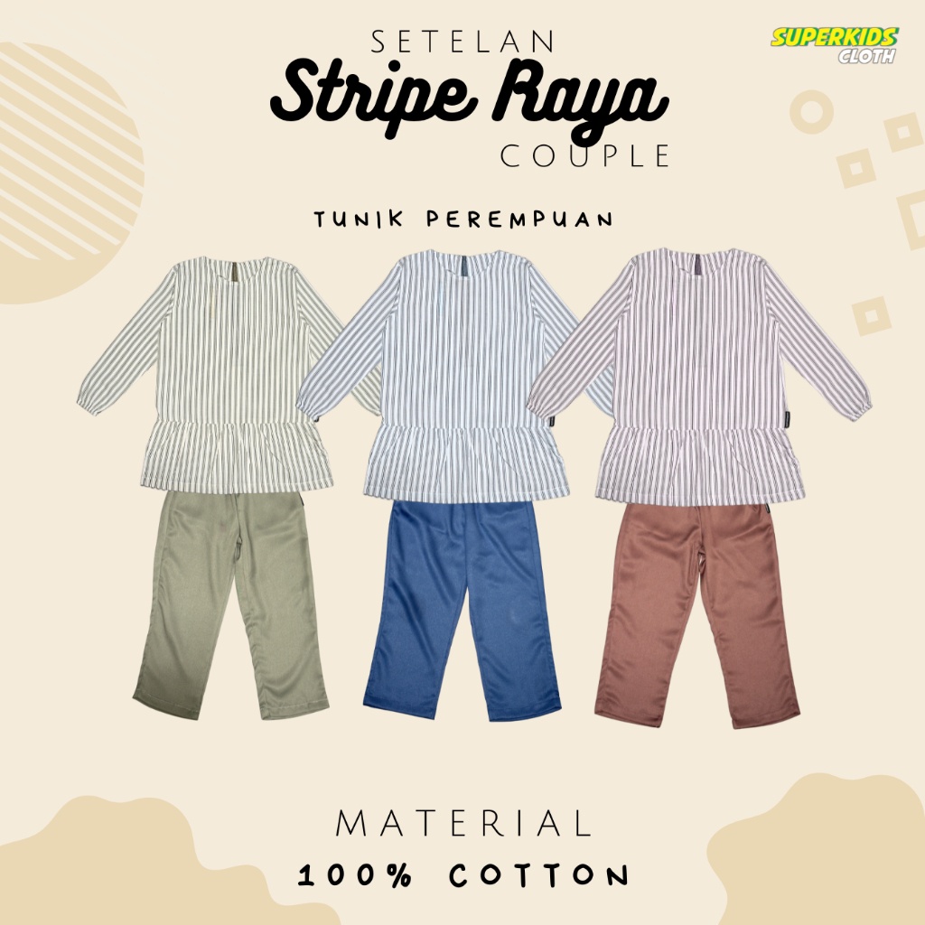 Superkidscloth Setelan Tunik Celana Raya Stripe Anak Perempuan Katun Motif Garis Warna Hijau Biru Du
