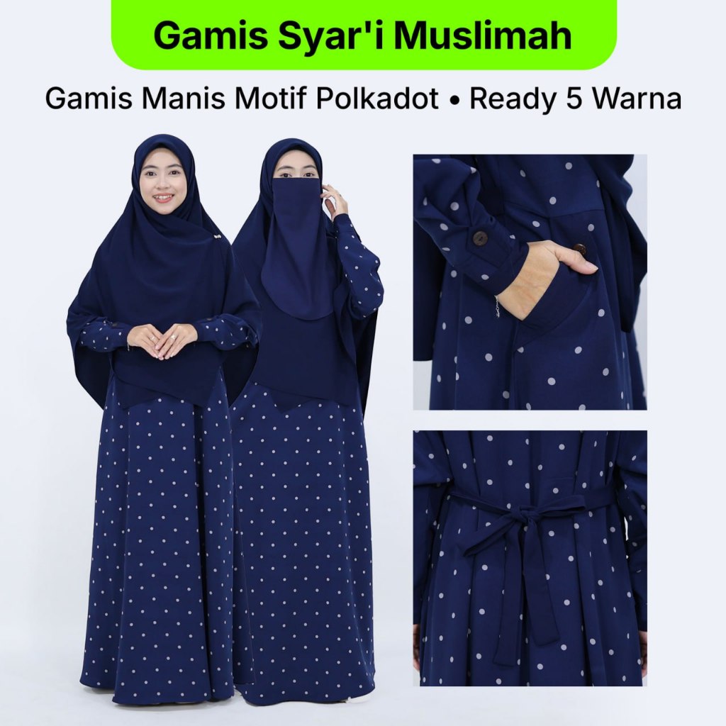 Gamis Basic Harian Muslimah Syar'i Motif Polkadot Cantik Bahan Wolfis Adem Tidak Menerawang Divia