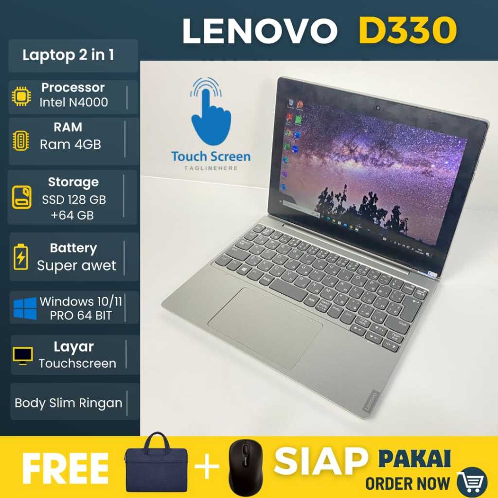 Laptop Lenovo D330 Intel N4000 Ram 4gb SSD 128GB + 64GB Touchscreen OS windows - Siap Pakai