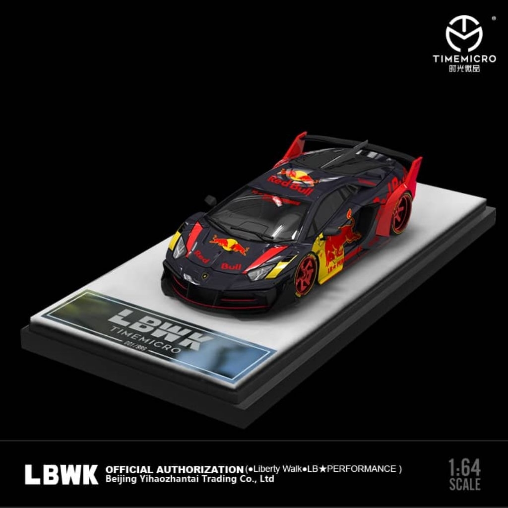 Time Micro Lamborghini Aventador LBWK GT EVO Black Red Bull 1:64 Resmi Authorized Liberty Walk LB Pe