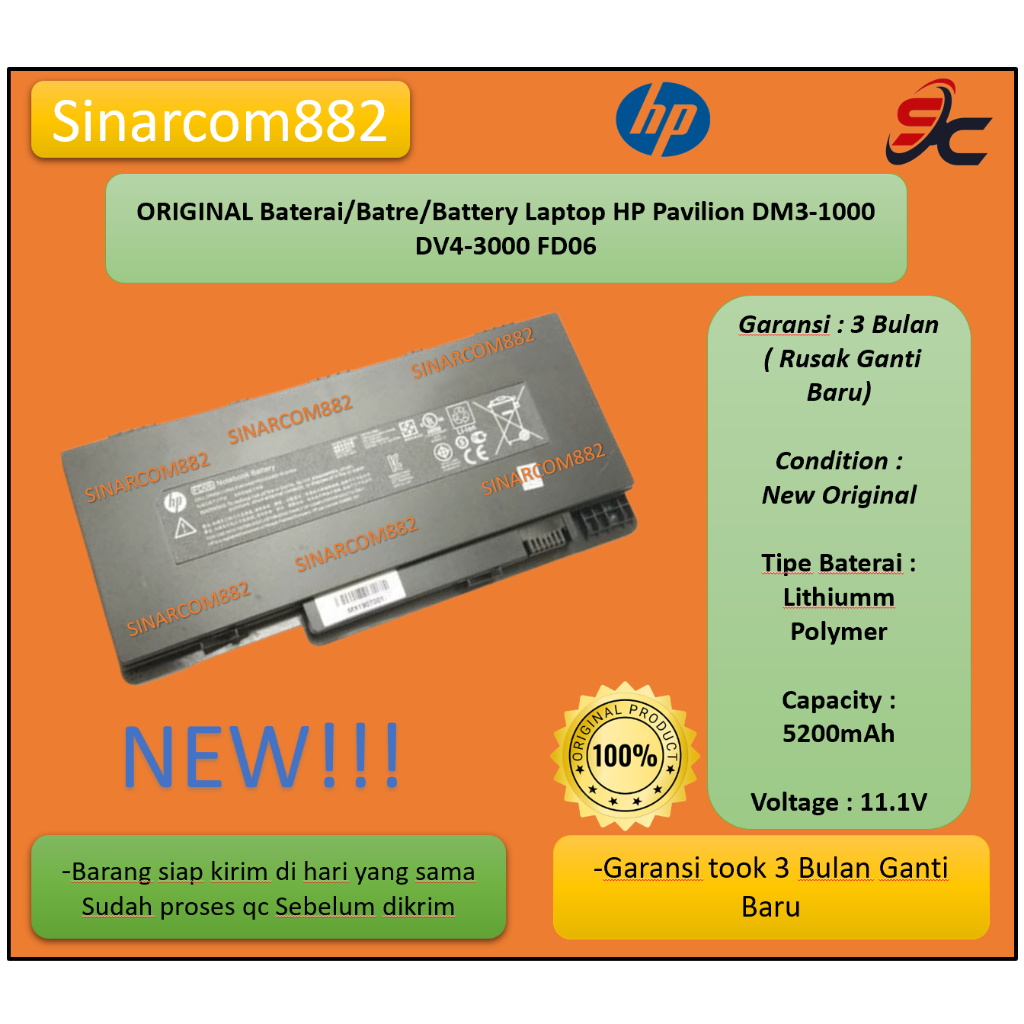 ORIGINAL Baterai/Batre/Battery Laptop HP Pavilion DM3-1000 DV4-3000 FD06