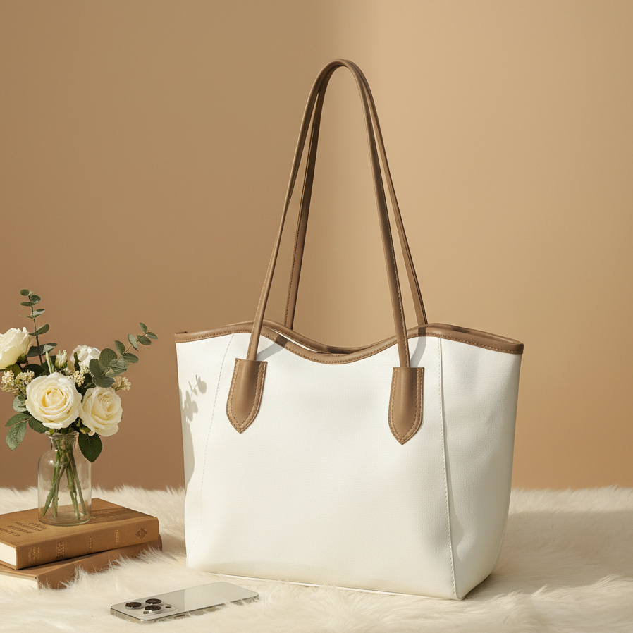 Tote Bag Wanita Korea Kulit Sintetis – Tas Kerja & Kuliah dengan Resleting + Saku Dalam