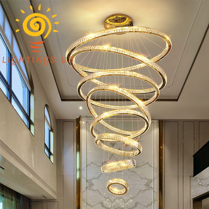 Lampu Gantung Kristal Cincin Modern Mewah Jarak Jauh Lampu Tangga LED Lampu Gantung Kristal Besar