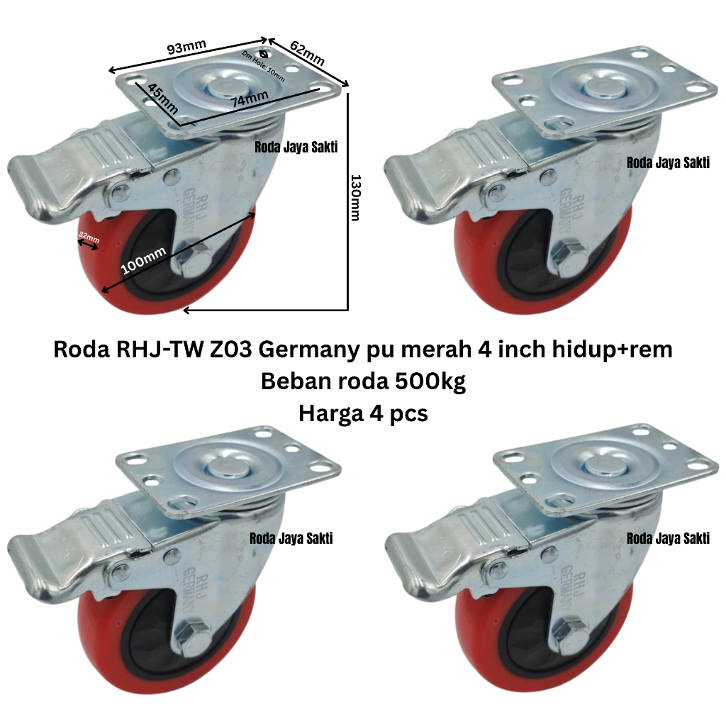 Roda troli 4 inch RHJ-TW Z03 Germany pu merah hidup+rem beban roda 500 kg harga 4 pcs