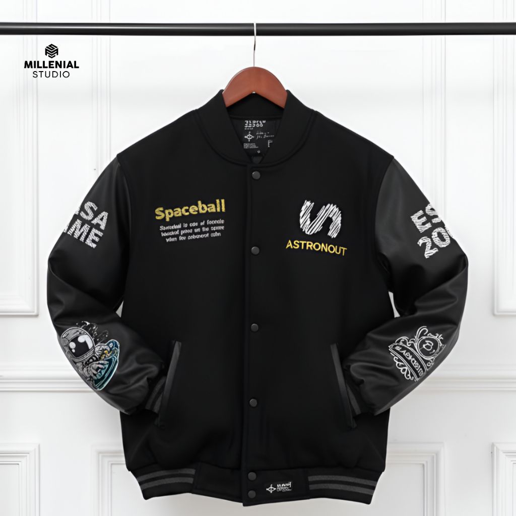 VARSITY JACKET SPACEBALL ASTRONOUT HITAM | JAKET BASEBALL LEATHER BORDIR | VARSITY ORI BLACKSEVEN