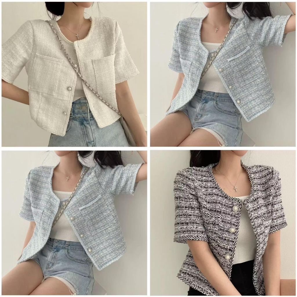 by.canery | Premium Elle Tweed Cardigan Vest Top Atasan Korean Blouse
