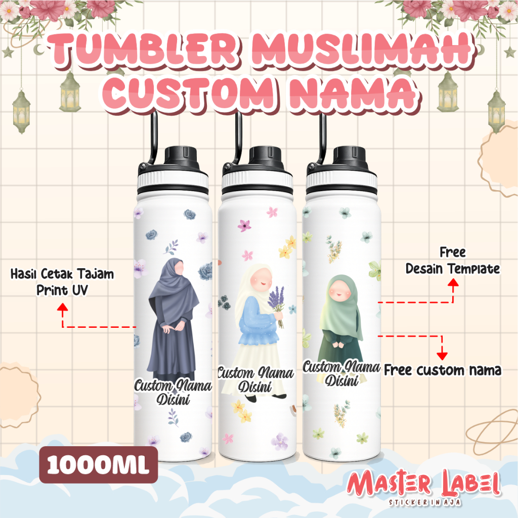 Tumbler Custom Nama Muslim Muslimah Jumbo 1 Liter | Botol Minum Kado Souvenir Unik