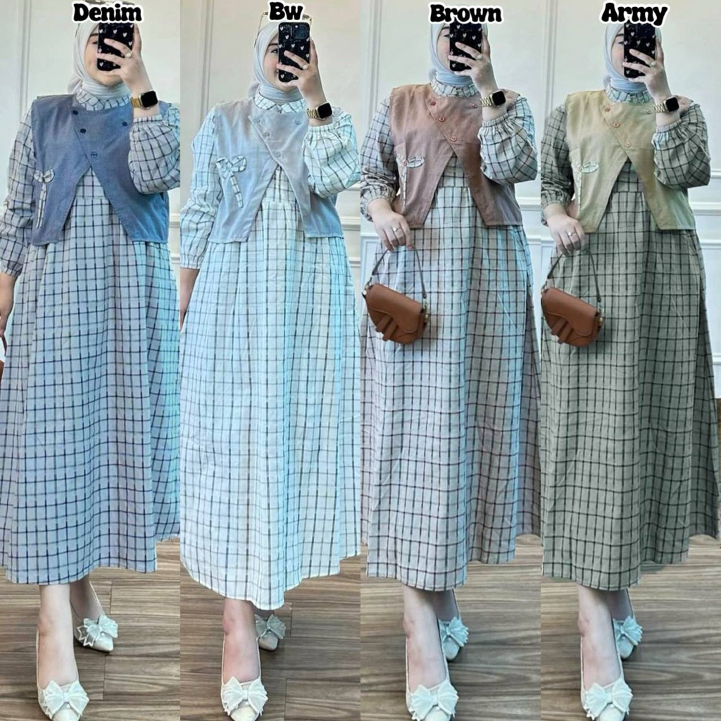 NEW MIDI TARTAN BEST SELLER DRESS KOTAK SET ROMPI OUTER VIRAL MIDI DRESS WANITA KEKINIAN