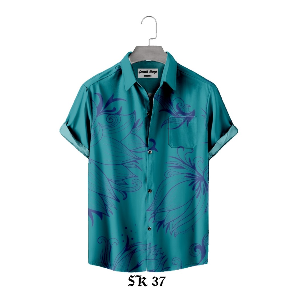 Kemeja Pria Casual Motif Floral Green Vintage Printing Tangan Panjang Pendek A-37