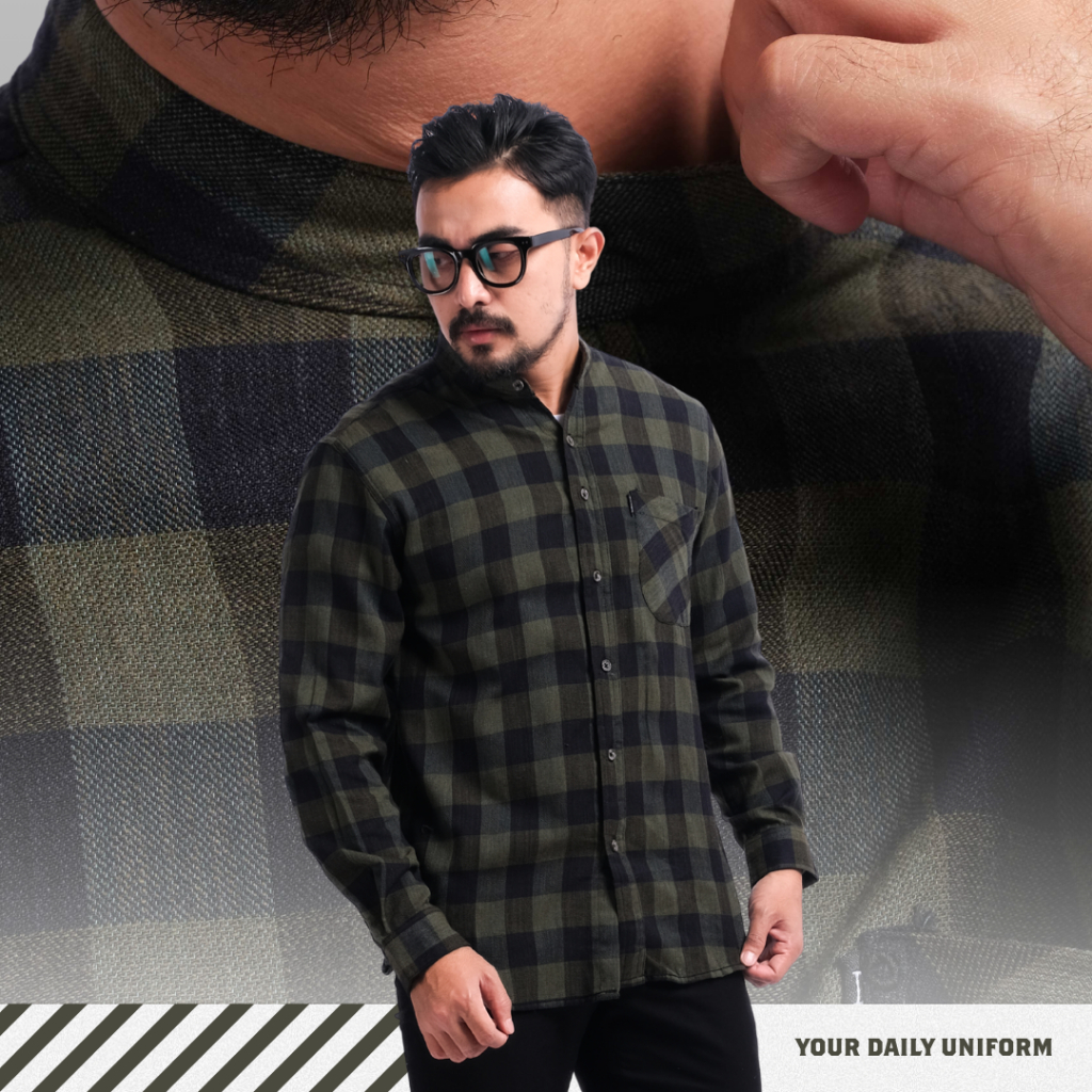 DGM Kemeja Flanel Pria Kerah Sanghai Koko Lengan Panjang Premium Hitam Kotak-Kotak Hijau Army Abiyan